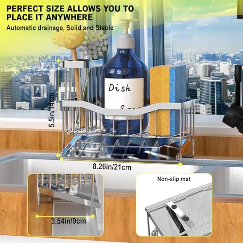 Fssvcd Maifan Sink Caddy Sponge Holder for Kitchen with Brush Holder and Stainless Steel Self Drain Tray, Rustproof Kitchen Sink Organizer for Sponge, Soap Dispenser Storage Accessories - color: Silver