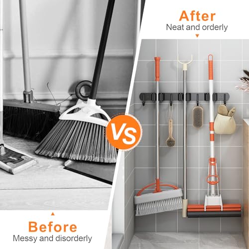 CUXIXA Mop and Broom Holder Wall Mount, Upgraded Broom Organizer Wall Mount, Stainless Steel Broom Hanger Wall Mount for Kitchen Garden Laundry Room Decor (3 Racks with 4 Hooks Black) - color: Black, size: 3 Racks with 4 Hooks