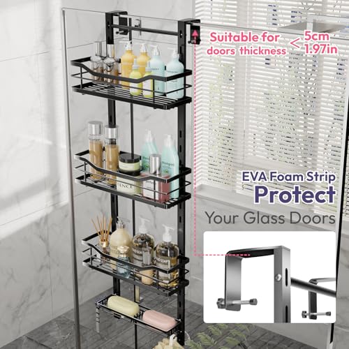 SWTYMIKI Over the Door Shower Caddy - 4 Tier Adjustable Shower Organizer Hanging with Soap Holder, No Drilling Stainless Steel Bathroom Rack Hanging for Body Wash, Shampoo, Soap, Razor, Black - color: Black-4 Tier