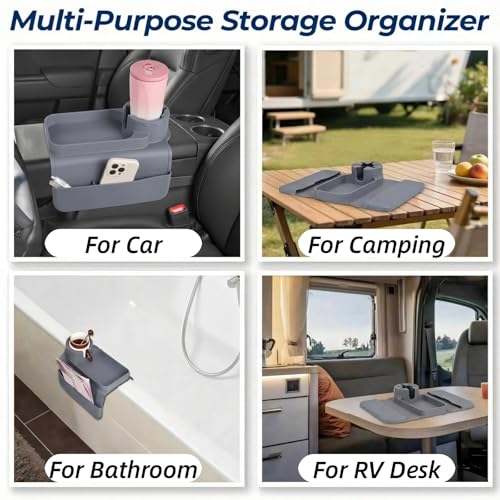 Silicone Couch Cup Holder Tray, 3-Side Sofa Armrest Organizer with Secure Gear-Shaped Locking Holder & Large Tablet Slot, Non-Slip Weighted Armchair Caddy, Couch Accessories (Grey) - color: Grey
