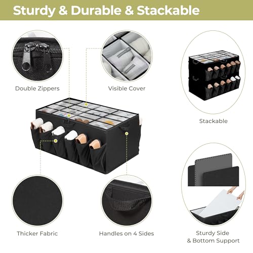 Shoe Organizer for Closet, Shoe Storage Solution with Clear Cover & Adjustable Dividers, Fabric Shoe Box Fits 16 +12 Pairs Shoes, Black, 1-Pack - color: Black, size: 1 Pack Large