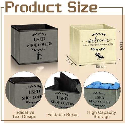 2 Pcs Shoe Cover Boxes Dispenser Foldable Storage Bins, Used Shoe Covers and Welcome Please or Remove Sign Entryway Basket Holder for Open House Supplies(Dark Gray, Beige) - color: Dark Gray, Beige