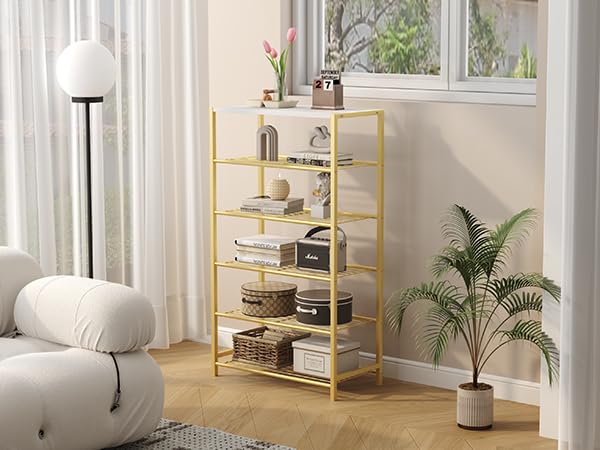 HOMEFORT Shoe Rack 6-Tier, Shoe Storage Shelf, Industrial Shoe Tower, Narrow Shoe Organizer for Closet Entryway, Small Shoe Rack Table with Durable Metal Shelves,Gold - color: Gold, size: 6-Tier (11.8"D x 23.23"W x 40.55"H)