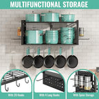 31 Inch Pot Rack Wall Mounted, 2-Tier Pots and Pans Organizer with 20 Hooks & Pan Organizer and Spice Rack, Heavy Duty Hanging Pot Hanger for Kitchen Cookware, Utensils, Black - style: without Pot Lid Holder