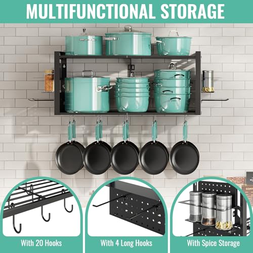 31 Inch Pot Rack Wall Mounted, 2-Tier Pots and Pans Organizer with 20 Hooks & Pan Organizer and Spice Rack, Heavy Duty Hanging Pot Hanger for Kitchen Cookware, Utensils, Black - style: without Pot Lid Holder