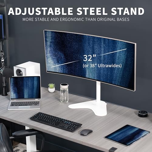 VIVO Single Monitor Desk Stand, Holds Screens up to 32 inch Regular and 38 inch Ultrawide, Freestanding VESA Steel Mount Base, Adjustable Height, Tilt, Swivel, Rotation, White, STAND-V001HW - color: White, size: 18" Tall