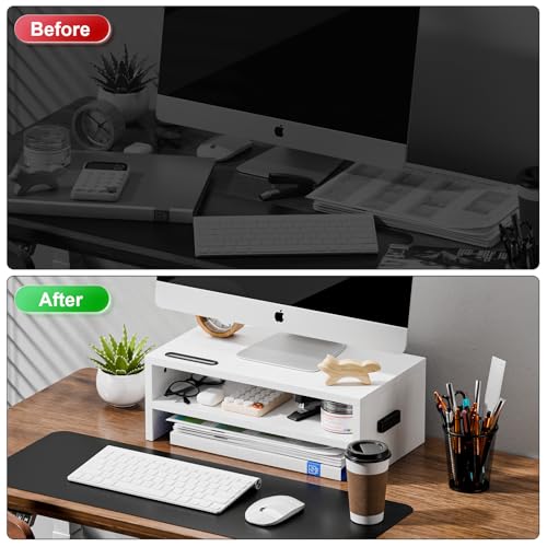 Marbrasse Monitor Stand Riser, 16.5 Inch 2 Tier Computer Printer Shelf Stand for Laptop Computer Screen Storage, Desktop Stand with Phone Holder and Cable Management (White) - color: White