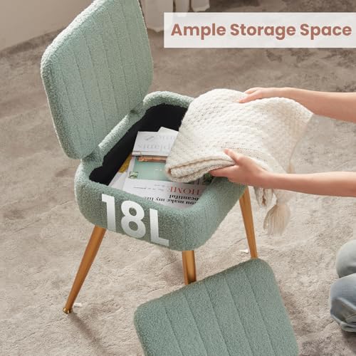Updated Vanity Chair, Storage Ottoman with Folding Back & Gold-Toned Metal Legs, Ottoman Seat with Teddy Velvet for Dressing Room Living Room Bedroom, 16" x 12.5" Inch - color: Green, size: 16" x 12.5"