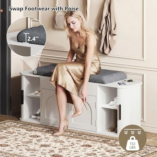 Einhomn 47.2'' Sliding Door Entryway Shoe Storage Bench with Seat Cushion, Shoe Rack with Lift-Top Hidden Storage & Adjustable Shelf, Bench for Bedroom End of Bed, White - color: White