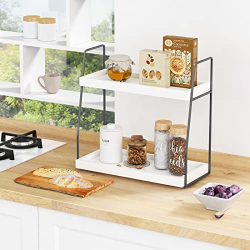 Forbena 2 Tier Bathroom Counter Organizer, White and Grey Coffee Bar Organizer for Countertop, Wood Shelf Tray for Vanity Makeup Storage, Small Kitchen Sink Top Organizers for Coffee Bar Station - color: White-grey