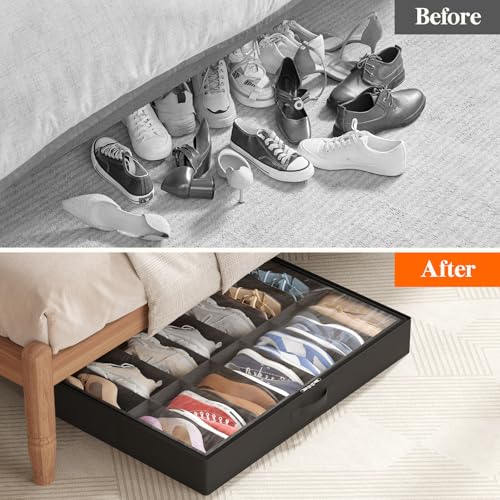 Lifewit Under Bed Shoe Storage Organizer 3 Pack(14 Shoes Cells), 4.3 Inches Profile Fabric Shoes Container Box with Clear Cover, Foldable Storage Bag with 2 Handles, Fits 21 to 42 Pairs - style: 14 Shoes Cells