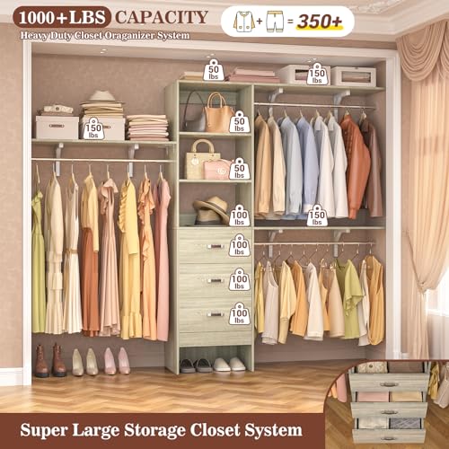 iSunirm 8FT Closet System, 96'' Closet Organizer System with 3 Hanging Rods, Wall Mount Bedroom Wardrobe with 3 Drawers Walk-in Closet, Adjustable Garment Rack from 5 to 8FT(Cut to Fit), White Oak - color: White Oak