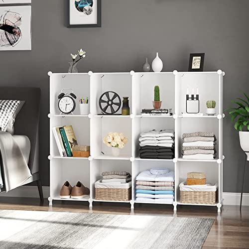 AWTATOS Cube Storage Organizer Storage 12 Cube Bookshelf DIY Plastic Closet Clothes Storage Shelves with Wooden Mallet, Stackable Storage Solution for Home, Bedroom, White - color: White
