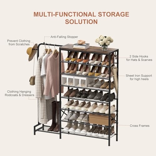 Shoe Rack with Coat Rack, 8 Tier Tall Shoe Storage Organizer with Hooks, 3-in-1, Wooden Top Shelf, Sturdy Frame, Metal Clothes Hanger Stand for Entryway, Closet, Rustic Brown and Black - color: Rustic Brown and Black