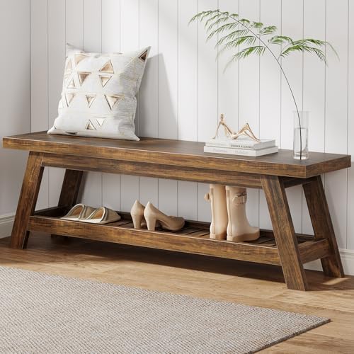 Tribesigns 55" Large Wood Entryway Bench with Shoe Storage, 2-Tier Rustic Brown Narrow Hallway Foyer Seating Bench with Open Shelves for Entryway, Bedroom, Mudroom - color: Rustic Brown