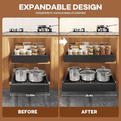 Seinloes 2Pack Expandable Pull Out Cabinet Organizer 21"Deep with Raising Pad for Framed Cabinets, Upgrade 3 Slide Rails Slide Out Drawers, Roll Out Shelves Adhesive,Adjustable Width 12.05"-20.4"Black - color: Black, size: 21"D x 12.05"-20.4"W(2Pack)