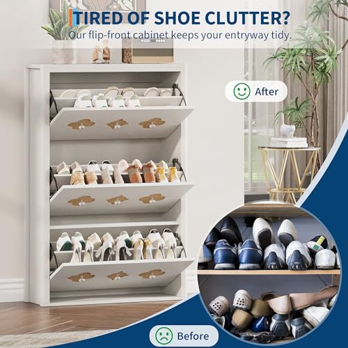 GarveeHome Shoe Storage Cabinet with 3 Flip Drawers, Narrow Wood Shoe Organizer Cabinet with Floral Pattern, Freestanding Slim Shoe Rack Cabinet with Adjustable Shelves, for Entryway, Hallway, White - color: Antique White, size: 3-Drawers