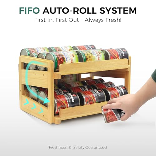 MinBoo Adjustable Can Organizer Rack, Two Tier Bamboo Stackable FIFO Cans Dispenser, Modern Style, Countertop, Assembly Required, Anti Shedding