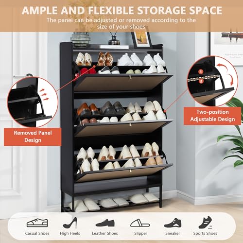 Shoe Cabinet Storage for Entryway, Narrow Shoe Cbinet with 3 Filp Drawers, Wood Freestanding Shoe Organizer Cabinet with Metal Legs, Hidden Storage Behind Door for Hallway, Living Room (Black) - color: Linen-black, size: 3 Drawer-Divider