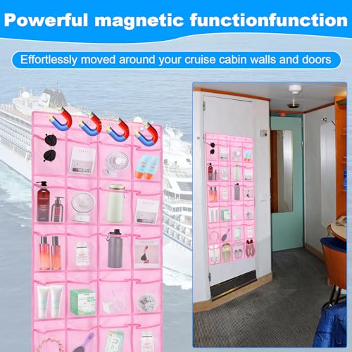 CTTZCKJ Over The Door Organizer For Cruise Ships|Magnetic Door Organizers with 24-Pocket for Cruise Ship|55"x21"|Cruise Over the Door Organizer,Magnetic Shoe Rack for Cruise,Behind-Door Storage - color: pink