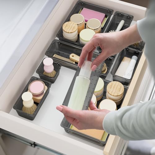 SpaceHacks 15 PCS Clear Plastic Drawer Organizer Set, 4-Size Acrylic Drawer Storage Trays, Storage Bins for Makeup, Gadgets, and Jewelry in Bathroom, Bedroom and Office, Clear Black - color: Black