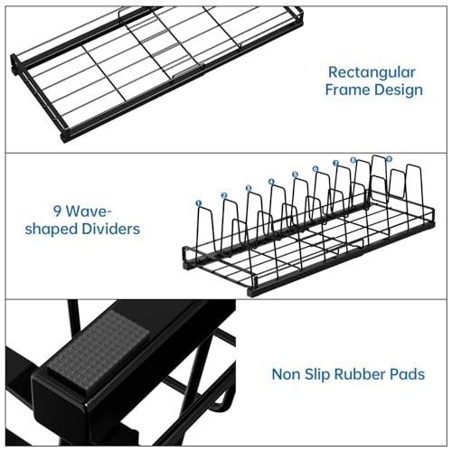 Expandable Food Container Lid Organizer, 9 Adjustable Dividers Sturdy Metal Pot and Pan Organizer Rack for Kitchen Cabinets, Drawers, Pantry Shelves, Countertops, Black, 8.15" Wide - color: Black,13"-21" Expandable,9 Dividers
