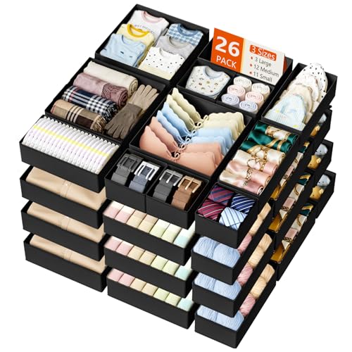 DIMJ Drawer Organizer Clothes Storage - 26 Pack Baby Dresser Organizer for Nursery, Foldable Closet Drawer Organizer Bins for Bedroom Organization, Fabric Storage Dividers for Socks, Underwears, Bras - color: Black, size: 26 Pack