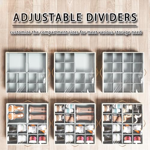 Shoe Organizer for Closet, 2 Pack Foldable Shoe Storage Organizer Box Bin with Adjustable Dividers and Clear Cover, Fits up to 16-32 Pairs（Grey&Beige） - color: Grey with Beige