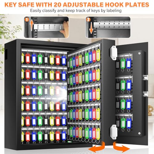 Nebakne 200 Keys Fireproof Key Safe with Hook Plates and Key Tags, Anti-Theft Key Lock Box Wall Mount with Combination Lock, Heavy Duty Key Box Key Cabinet Key Organizer for Home Office Garage - size: 200 Keys
