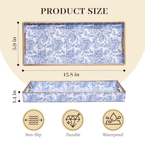 MAONAME Plastic Vanity Tray, Narrow Bathroom Counter Tray, Blue Decorative Trays with Handles, Storage Dresser Trays Organizer for Toilet Tank, Jewelry, Makeup, 13.8" x 6" x 1.57" - color: Bohemian-9