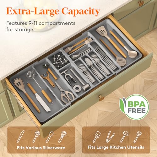 Lifewit Utensil Organizer for Kitchen Drawer, Expandable Cooking Silverware Tray, Adjustable Cutlery Flatware Holder, Plastic Spatula Tools Storage Divider, 21.3- 36 x 16.9", Gray - color: Gray, size: XXXL (21.3-36“W × 16.9"D)