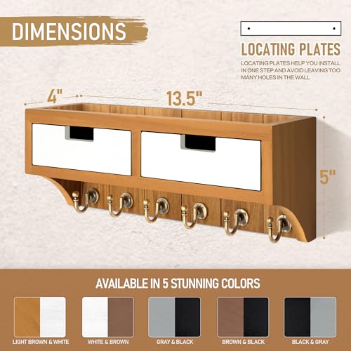 Rebee Vision Modern Farmhouse Key Holder Wall Mount with 2 Drawer Organizer : Mail Organizer with 6 Key Hooks and Wall Shelf - Home Organization for Room Decor (Light Brown & White) - color: Light Brown & White, style: 2-Drawer