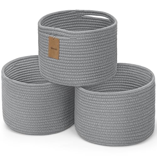 Small Rope Baskets for Storage, Baskets for Gifts Empty, Cute Round Woven Basket, Decorative Shelf Baskets 9.82×9.82×7.1", Cotton Toy Basket Storage Bins for Organizer 3 Packs-Grey - color: Grey-3PCS