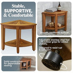 AquaTeak Patented 15.5" Kai Stainless Corner Teak Shower Bench - Shower Stool with Storage Shelf for Bathroom - Water Resistant Shower Chair with Teak Oil & Cleaner CareKit - Shaving Foot Rest - size: Stainless - Care Kit, style: Corner Stool With Shelf