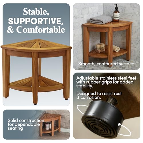 AquaTeak Patented 15.5" Kai Stainless Corner Teak Shower Bench - Shower Stool with Storage Shelf for Bathroom - Water Resistant Shower Chair with Teak Oil & Cleaner CareKit - Shaving Foot Rest - size: Stainless - Care Kit, style: Corner Stool With Shelf