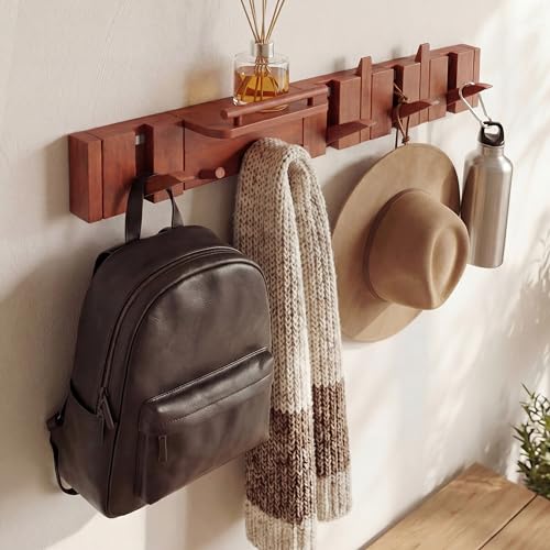 Mid Century Modern Walnut Foldable Entryway Wall Coat Hanger Hook with Shelf,Heavy Duty Wooden Piano Hidden Towel Hooks for Bathroom,Wall Rack for Purse&Key&Mail,Home Decor (Walnut, 9 Hooks) - color: Walnut, size: 9 Hooks
