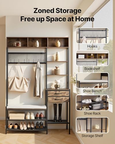 VEVOR Hall Tree with Bench and Shoe Storage, Entryway Bench with Coat Rack, 2 Drawers, 3 Storage Cubbies, 3 Open Shelves, Coat Hooks with Soft Cushion for Entryway, Hallway - size: 70.9" * 47.2"