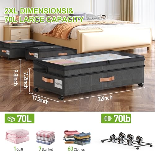Under Bed Storage Organizer with Wheels - 2Pack 70L Extra Large Rolling Storage Bins with Clear Lid & Labels for Clothes, Shoes, Blankets (XXL, Black) - color: Black, size: Extra Large