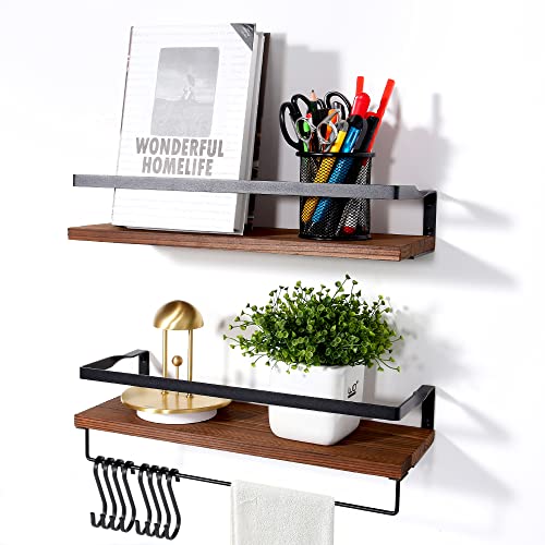 Uten Floating Shelves, Wall Shelf Outdoor, Bathroom Shelves for Wall, Towel Holder 8 Hooks, Kitchen Spice Rack, Storage Organiser Shelf for Bedroom, Bathroom, Living Room, Office - color: Mid Brown