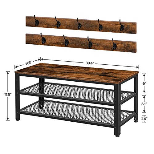HOOBRO Hall Tree Entryway Storage Bench, Coat Rack Shoe Bench, Shoe Rack Organizer with Coat Hooks, 3-in-1 Design, Wooden Furniture with Metal Frame, Rustic Brown and Black BF171MT01 - color: Rustic Brown, Black, size: 39.4"L x 11.8"W x 17.5"H