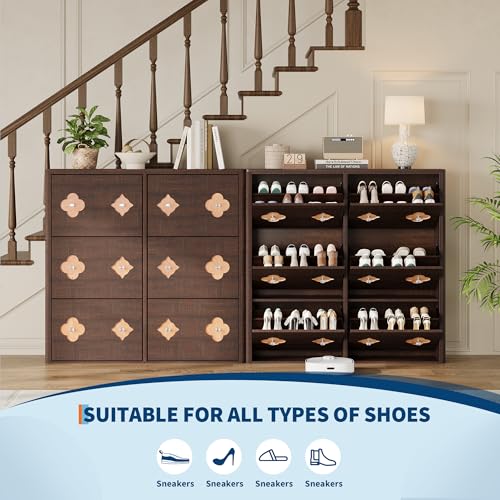 GarveeHome Shoe Storage Cabinet with 6 Flip Drawers, Narrow Wood Shoe Organizer Cabinet with Floral Pattern, Freestanding Slim Shoe Rack Cabinet with Adjustable Shelves, for Entryway, Hallway, Brown - color: Brownish-red, size: 6-Drawers