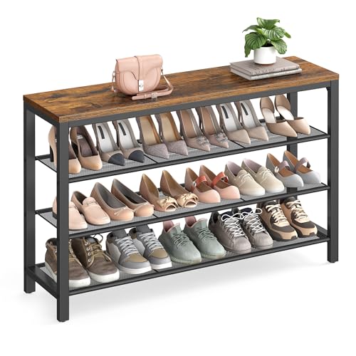 VASAGLE 4 Tier Shoe Rack, Shoe Organizer for Closet, Entryway, 16-20 Pairs of Shoes, Large Shoe Rack Organizer with 3 Metal Mesh Shelves, 11.8 x 39.4 x 28.3 Inches, Rustic Brown and Black ULBS14BX - color: Rustic Brown, size: 4 Tiers (39.4"W)