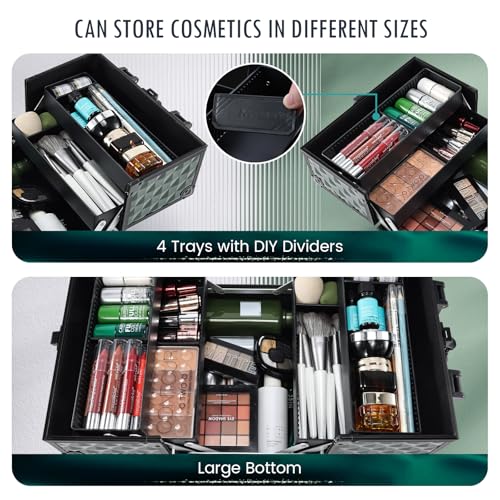 FRENESSA Makeup Case Makeup Box Cosmetic Train Cases Portable Make Up Artist Travel Case Storage Box 4 Trays with Dividers Lockable Hard Makeup Box Craft Nail Kits Case Drak Green - color: Vintage Dark Green