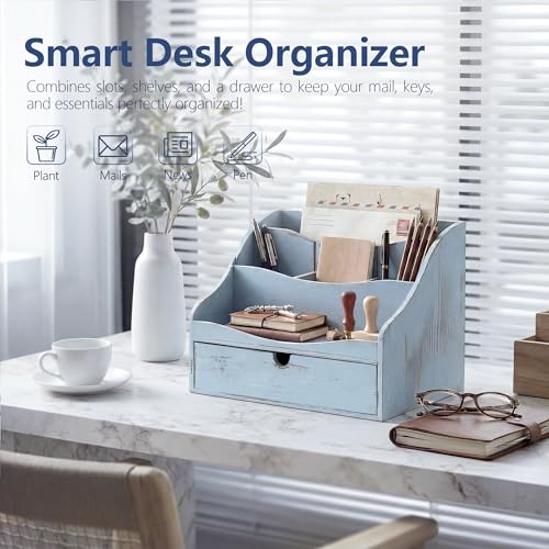 Rebee Vision Pine Wooden Mail Organizer for Desk - Rustic Farmhouse Mail Holder for Desk Organization with Drawer & Dividers - 4-Slot Letter Sorter, File Storage & Home Office Decor (Blue) - color: B-Blue
