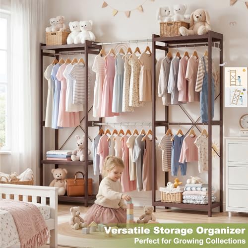 Homykic Bamboo Closet System, 71"-91" Expandable Clothing Rack with 5 Hanger Rods & Shelves, 6.6ft Tall Garment Rack Organizer for Walk-in Closet Bedroom, Max Load 850LBS, Easy to Assemble, Espresso - color: Espresso, size: 91"Wx14.2"Dx79"H