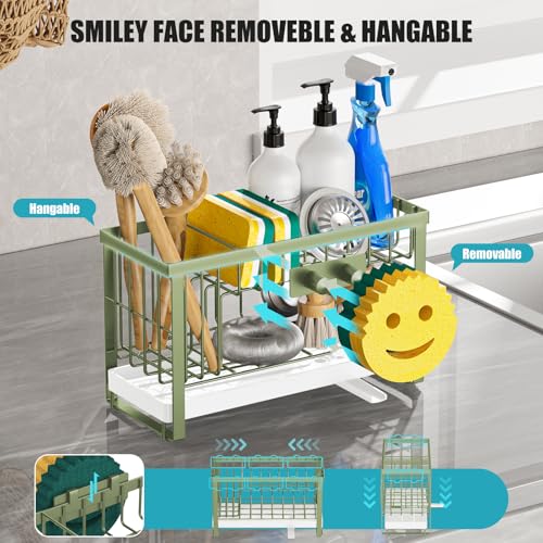 Sponge Holder for Kitchen Sink with Flexible Sink Caddy Smiley Face,2 Tier Kitchen Sink Organizer Countertop and Storage Essentials,Soap Dispenser Organize,Home Decor Accessories-Green - color: 2 Tier Green