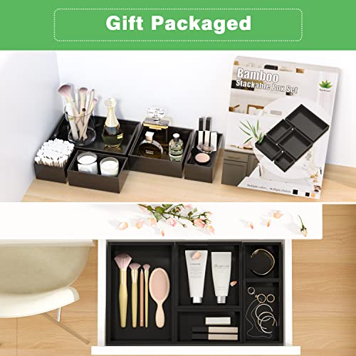 Black Bamboo Bathroom Drawer Organizer, Wooden Kitchen Utensil Holder Set of 5, Stackable Junk Drawer Organizer Tray, Multi-Use Storage Bins Boxs Dividers for Home, Office, Clothing, Makeup, Jewelry - color: Black