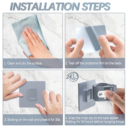 3-H 4-Pack Self Adhesive Broom Holder Wall Mount - Heavy Duty No Drill Broom Organizer for Garage Closet Kitchen, Plastic Storage Rack for Brooms Mops Tools, Peel and Stick Adhesive - color: Grey, size: 4