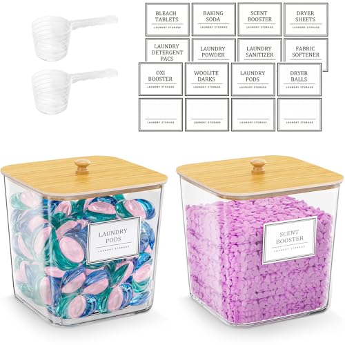 HomePekite 2 Pack Laundry Pods Container,Laundry Room Organization and Storage Containers with Wooden Lids & Labels Large Laundry Detergent Container for Powder,Scent Booster,Pods,Dryer Ball - style: 2 Pack