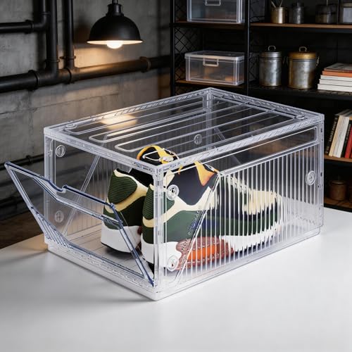 XX-Large Shoe Sneaker Storage Boxes for Size 14, Stackable & Thicken Clear Plastic Shoe Organizers 1Pack for Entryway Closet Under Bed, Shoe Storage Cabinets Container Display Case w/ Magnetic Door - size: 1 pack